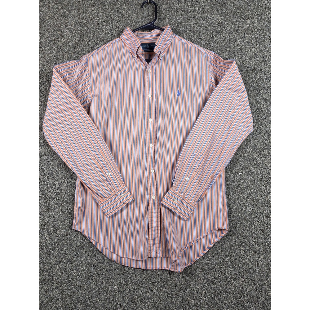Ralph Lauren Button Down Shirt Mens M Orange Blue‎ Striped Long Sleeve